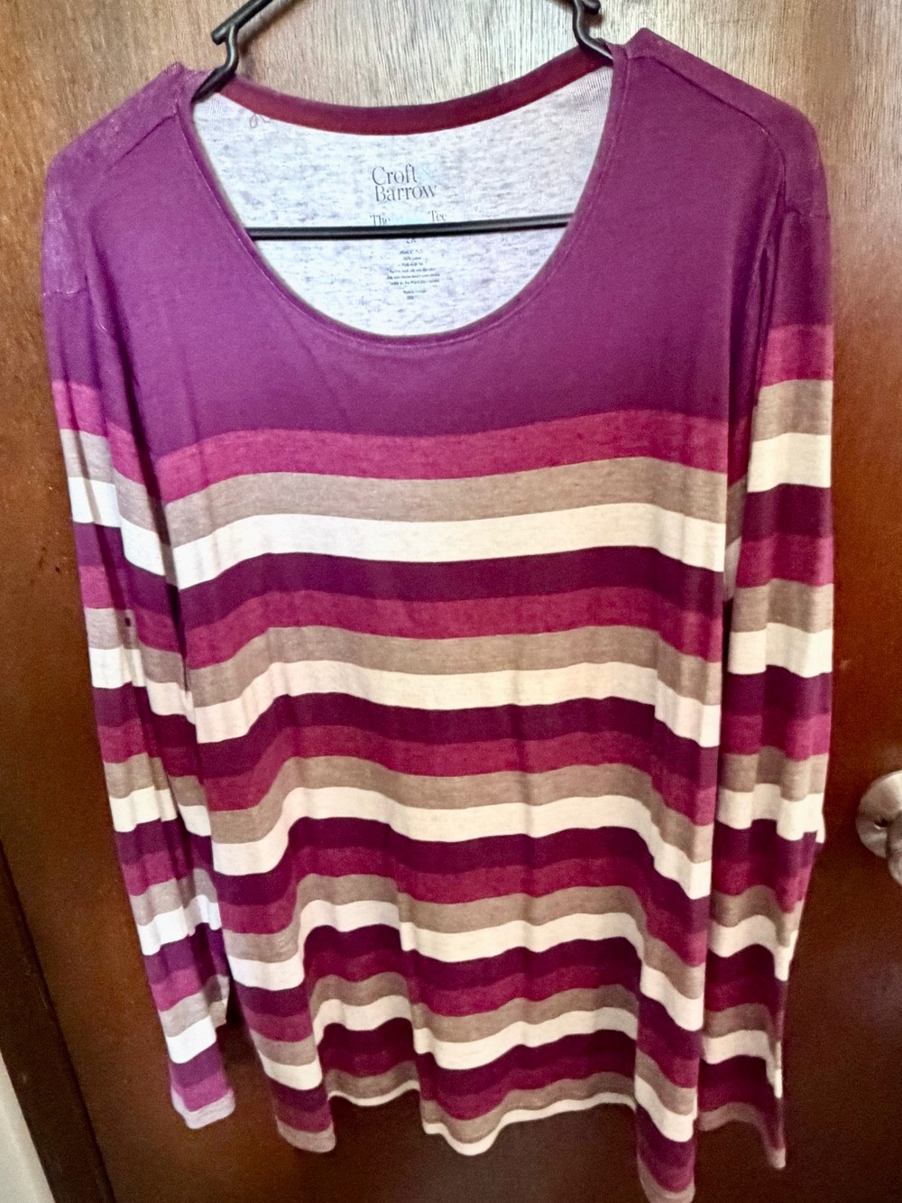 CROFT & BARROW Purple Tan Striped Classic Tee Long Sleeve Top 2X
